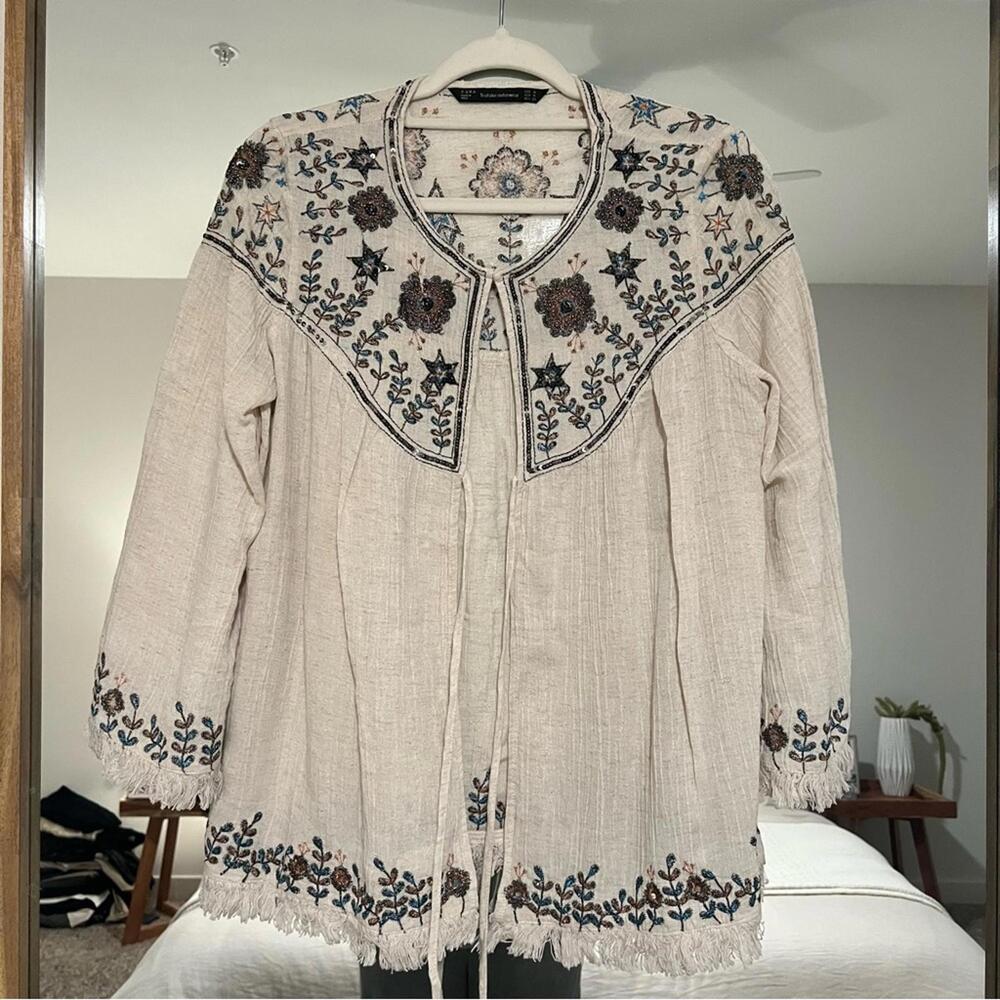 Zara embroidered floral linen blouse